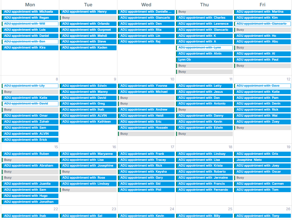 A booking calendar filled edge to edge with booked estimates
